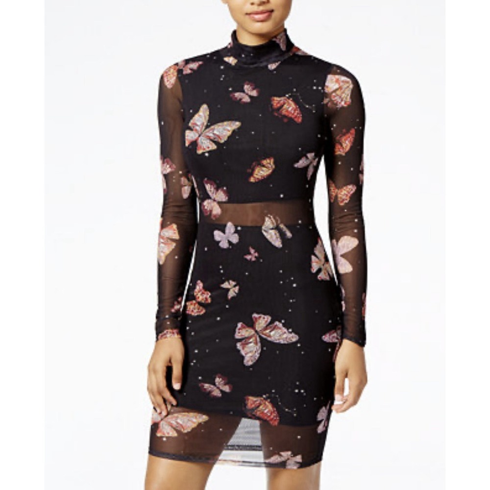 Material Girl Printed Mesh Bodycon Dress Medium Butterflies Juniors Y2K Sheer‎